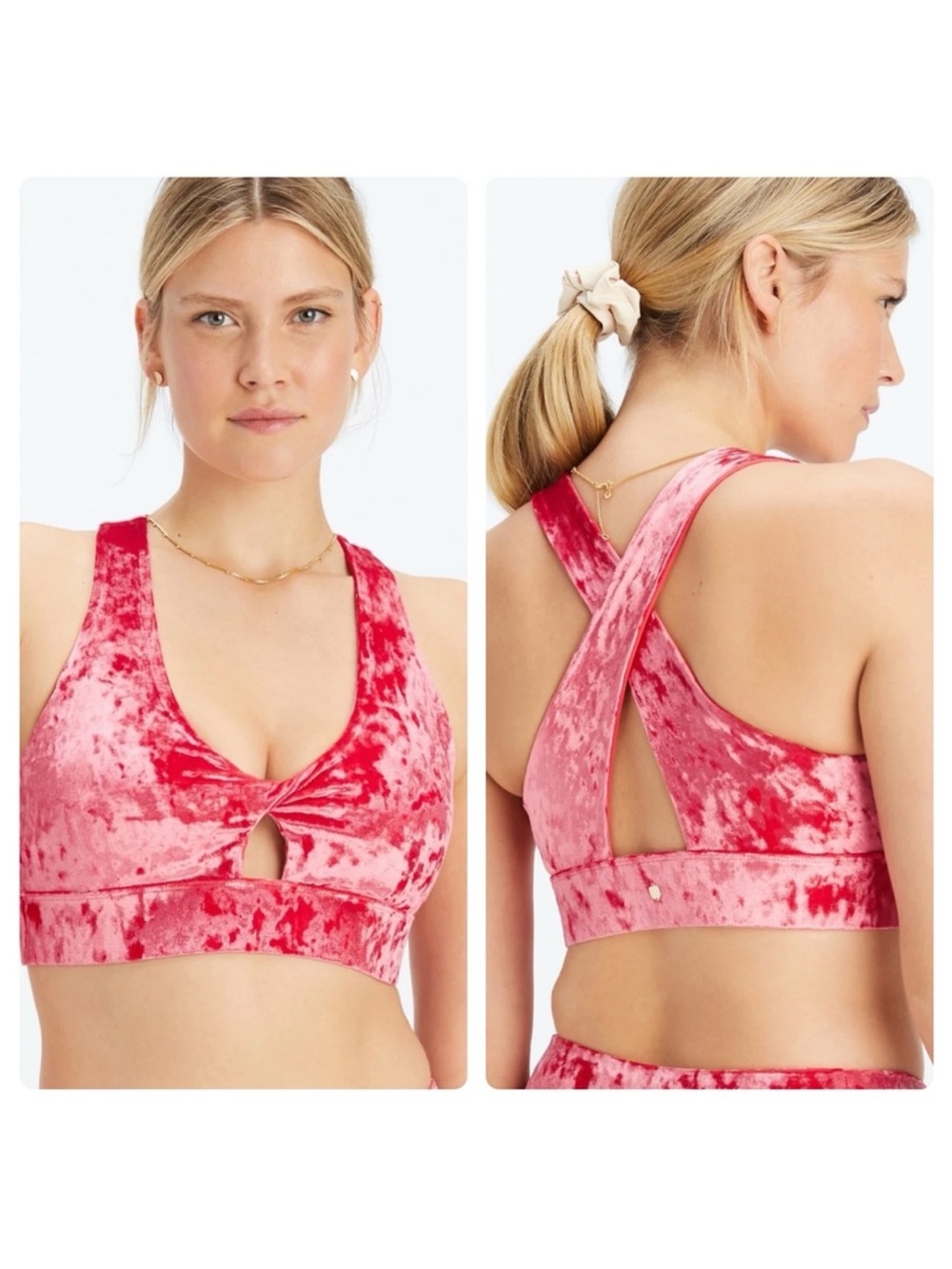 Fabletics Oasis Crushed Velour Twist Sports Bra in Strawberry Red Sz Large